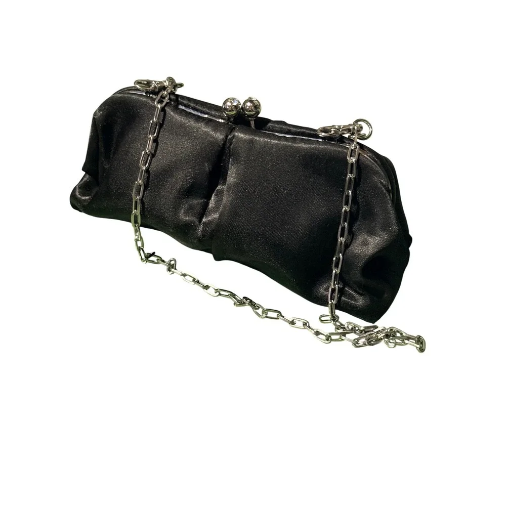 Nine West Black Satin Pleated Evening Clutch Rhinestone Kiss Lock Chain Strap